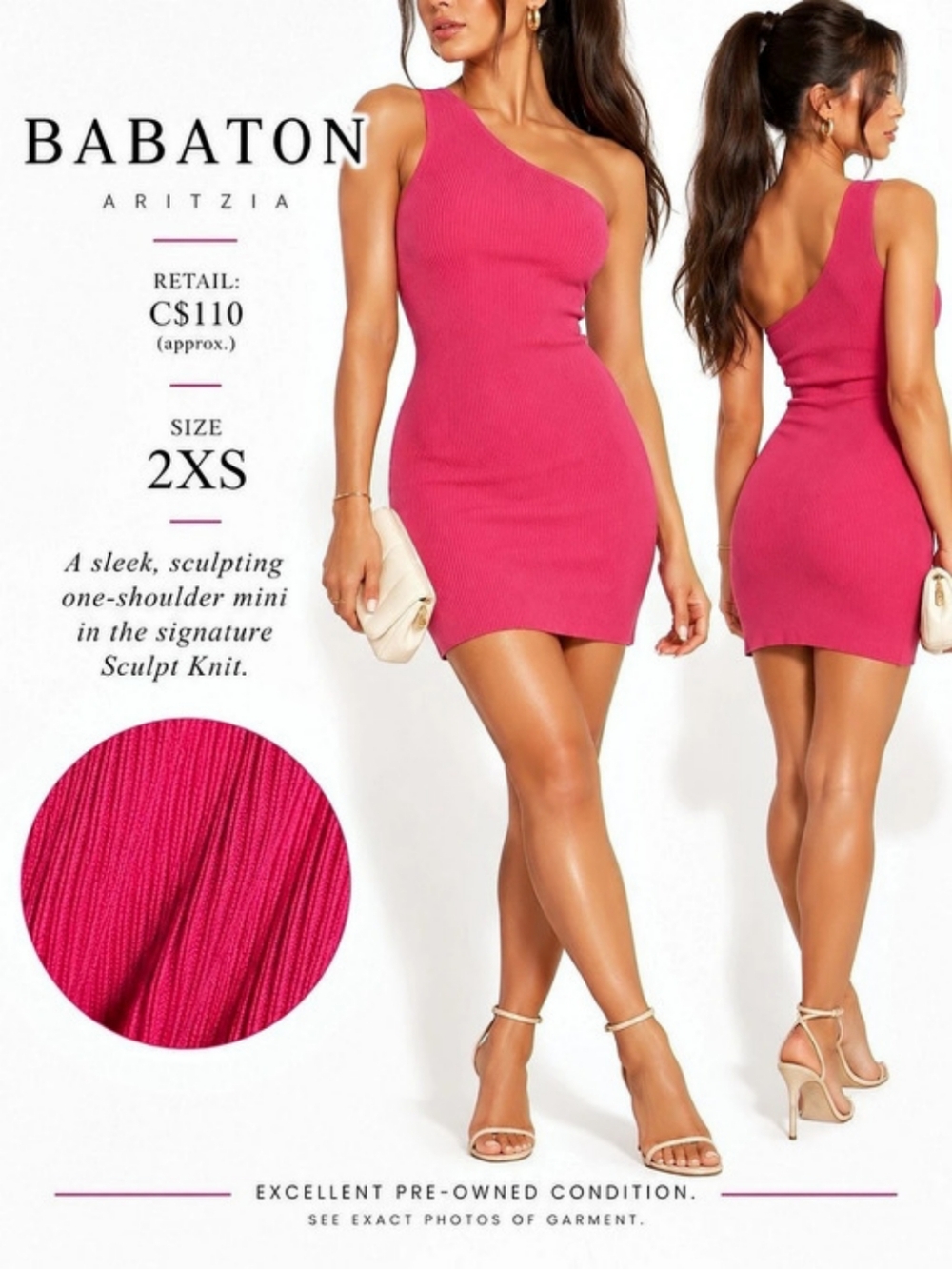 Babaton Sculpt Knit One-Shoulder Dress, Fuschia Pink, 2XS NWOT